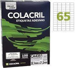 ETIQUETAS ADESIVAS A4 65 POR FOLHA 38,1MM X 21,2MM COM 100 FOLHAS - COLACRIL REF.: CA4351