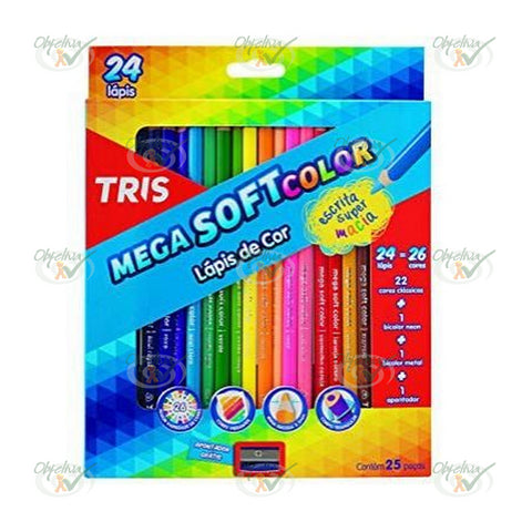 LAPIS DE COR 24 CORES MEGA SOFT COLOR + 2 LAPIS BILOLOR + APONTADOR - TRIS REF.: 680224