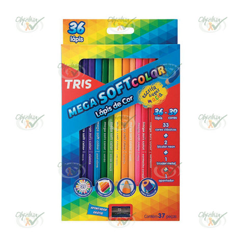 LAPIS DE COR 36 CORES MEGA SOFT COLOR + 2 LAPIS BILOLOR + APONTADOR - TRIS REF.: 680255