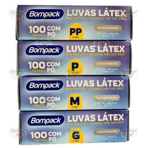 LUVAS DE LATEX COM PO TAMANHO PP P M G COM 100 UNIDADES - BOMPACK