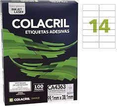 ETIQUETAS ADESIVAS A4 14 POR FOLHA 99,1MM X 38,1MM COM 100 FOLHAS - COLACRIL REF.: CA4363