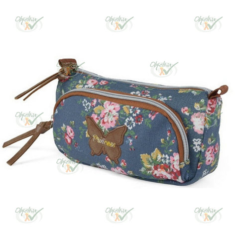 ESTOJO ESCOLAR PRINCESS JEANS FLORAL COM 2 ZIPERS - MAXLOG REF.: ET40235PS