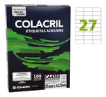 ETIQUETAS ADESIVAS A4 27 POR FOLHA 31MM X 63,5MM COM 100 FOLHAS - COLACRIL REF.: CA4355