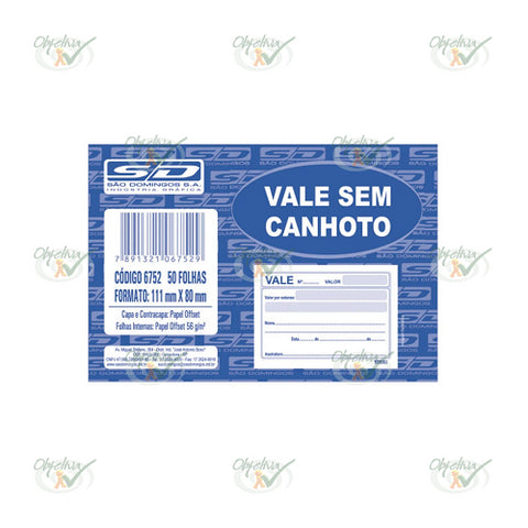 VALE SEM CANHOTO 50 FOLHAS 111X80 MM - SAO DOMINGOS REF. 6752-0