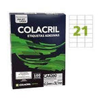 ETIQUETAS ADESIVAS CARTA 21 POR FOLHA 63,5MM X 38,1MM COM 100 FOLHAS - COLACRIL REF.: CA4360