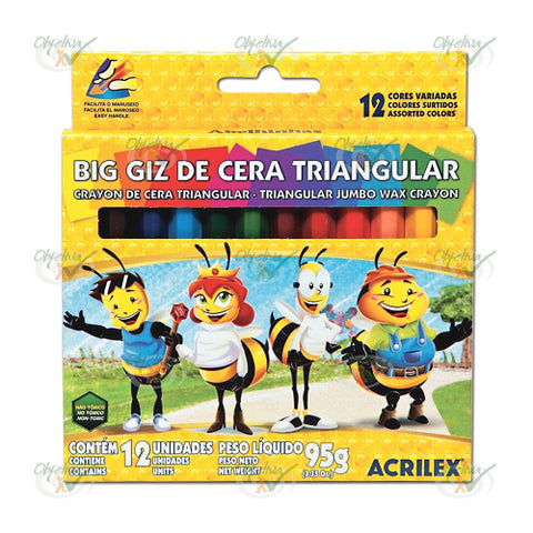 GIZ DE CERA LONGO TRIANGULAR BIG GIZ 12 CORES 95GR - ACRILEX REF.: 09312