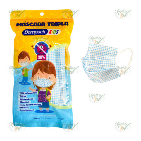 MASCARA DESCARTAVEL KIDS  TRIPLA COM ELASTICO BOMPACK  COM ESTAMPA COM 10 UNIDADES - EMBRAST REF 27077