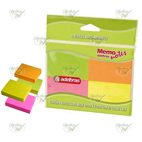 BLOCO RECADO ADESIVO MEMO NOTES CORES NEON 38MM X 51MM 4 BLOCOS COM 50 FOLHAS CADA - ADELBRAS REF.: 0812000021