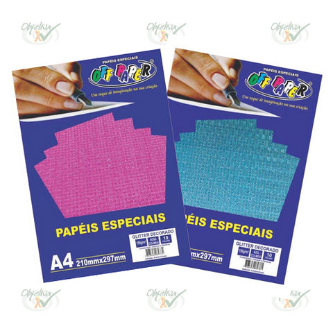 PAPEL GLITTER COLMEIA  A4 150 GR COM 10 FOLHAS  CORES DIVERSAS -  OFF PAPER REF 10492, 10495