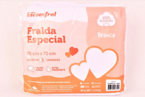 FRALDA ESPECIAL BRANCA 70CM X 70CM COM 5 UNIDADES - INCOMFRAL REF.: 27515