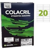 ETIQUETAS ADESIVAS CARTA 20 POR FOLHA 25,4MM X 101,6M COM 100 FOLHAS - COLACRIL REF.: CC181