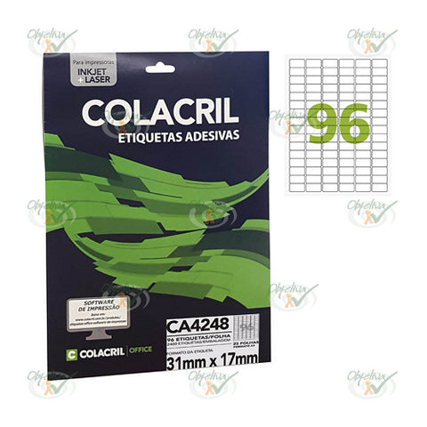 ETIQUETAS ADESIVAS A4 96 POR FOLHA 31MM X 17MM COM 100 FOLHAS - COLACRIL REF.: CA4348