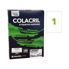 ETIQUETAS ADESIVAS A4 1 POR FOLHA 210MM X 297MM COM 100 FOLHAS - COLACRIL REF.: CA4367