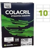 ETIQUETAS ADESIVAS CARTA 10 POR FOLHA 50,8MM X 101,6MM COM 100 FOLHAS - COLACRIL REF.: CC183