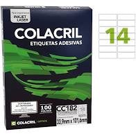 ETIQUETAS ADESIVAS CARTA 14 POR FOLHA 33,9MM X 101,6MM COM 100 FOLHAS - COLACRIL REF.: CC182