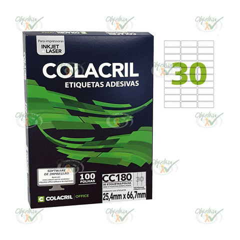 ETIQUETAS ADESIVAS CARTA 30 POR FOLHA 25,4MM X 66,7MM COM 100 FOLHAS - COLACRIL REF.: CC180