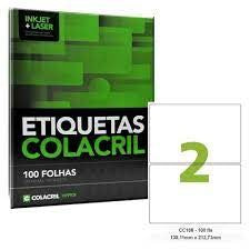 ETIQUETAS ADESIVAS CARTA 2 POR FOLHA 138,11MM X 212,73MM COM 100 FOLHAS - COLACRIL REF.: CC186